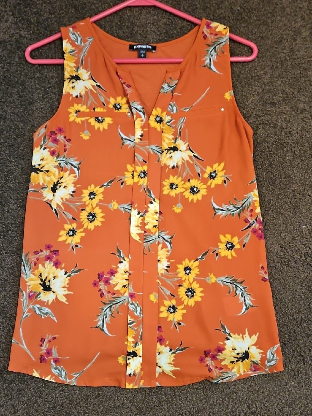 Express Women's Burnt Oramge Floral Sleeveless Blouse - Picture 7 of 7